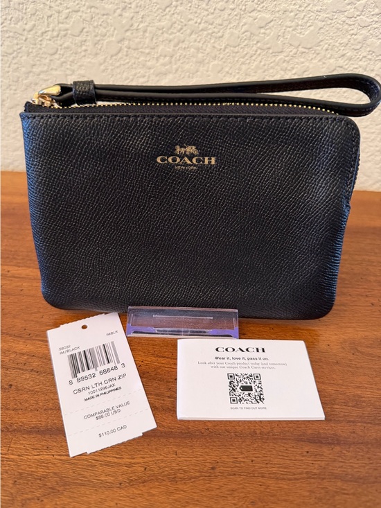 Coach Handbags - Coach Corner Zip Wristlet Black Crossgrain Leather with Gold Hardware, NWT, $88
